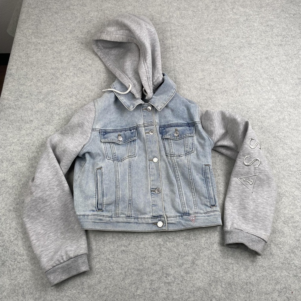 Guess Girls XL Blue Denim Jacket Hooded Sweatshirt Sleeves Logo Cropped Trucker